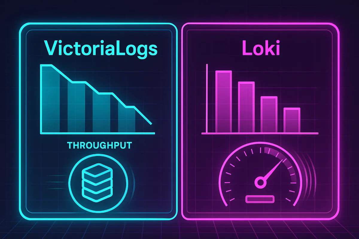 VictoriaLogs vs Loki — neon-styled cover illustration with VictoriaLogs (cyan, throughput chart, database icon) and Loki (magenta, bar chart, gauge) presented as benchmark contenders