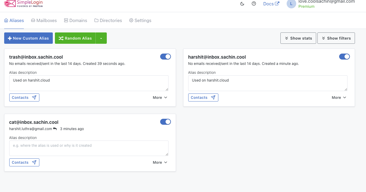 SimpleLogin dashboard with multiple aliases configured