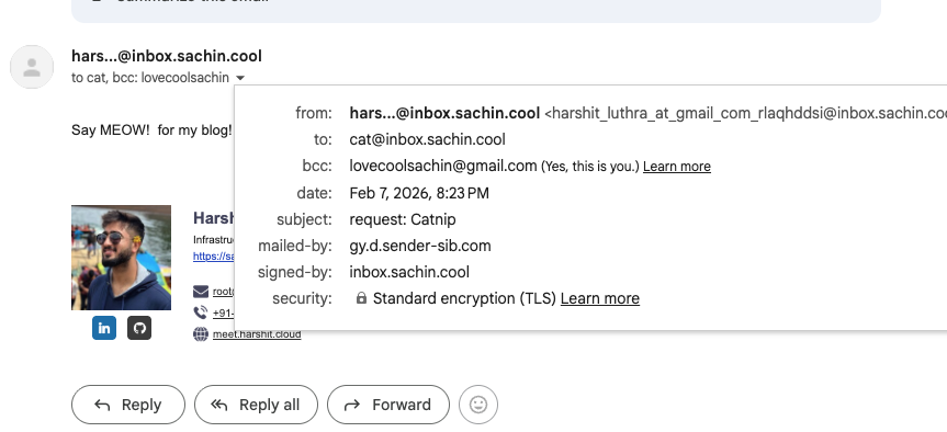 Forwarded email showing Brevo relay and domain signature in headers