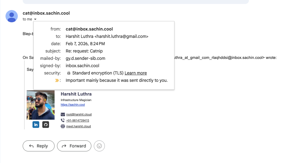 Reply headers confirming alias as sender with TLS encryption
