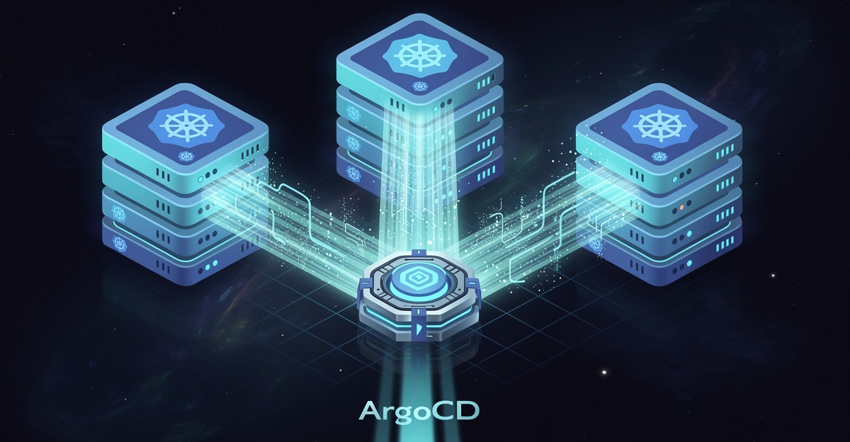 Isometric scene with three floating clusters connected to a central ArgoCD hub via glowing bridges