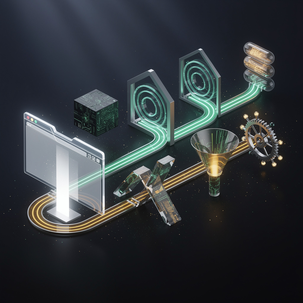 Cinematic isometric 3D illustration of seven architectural artifacts connected by a glowing data conduit